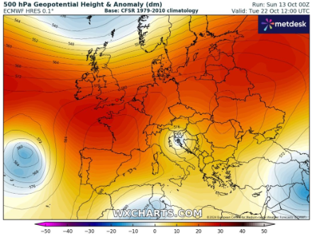 Géopotentiel et anomalie de géopotentiel à 500 hPa prévus le 22 octobre à 12h UTC. (Source : ECMWF, WxCharts.com)