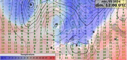 Situation de bise probable début novembre 2024 . Pression au niveau moyen de la mer (MSL) et température vers 1500 m.