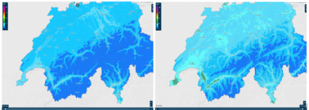 Carte représentant les concentrations de PM10 en Suisse le 4 novembre (à gauche) et le 7 novembre (à droite). Les valeurs bleues et vertes sont en dessous des valeurs limites préconisées par l’ordonnance sur la protection de l’air (en l’occurrence 50 microgrammes par mètre cube en moyenne journalière). Source : Office Fédéral de l’Environnement