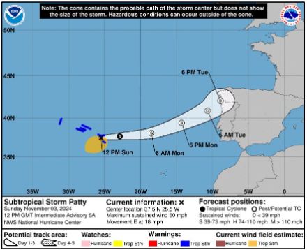 Trajectoire prévue du cyclone subtropical Patty. Source : National Hurricane Center
