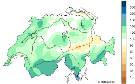 Carte de la Suisse sur la répartition des précipitations en octobre 2024.