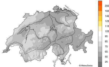 Carte de la Suisse montrant la répartition de l'ensoleillement en octobre 2024.