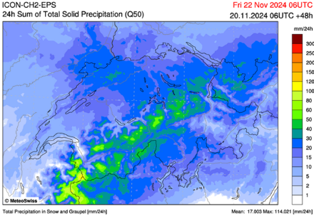 Figure 3 : prévision de neige fraîche entre jeudi 6h et vendredi 6h UTC, médiane du modèle ICON-CH2-EPS. Les quantités sont données en équivalent en eau liquide (mm) et peuvent se lire à peu près en cm de neige fraîche (1 mm ~ 1 cm de neige).
