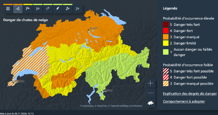 Figure 4 : carte des avis de neige valide entre jeudi 12h et vendredi 6h, état du 20 novembre 2024 à 12h.
