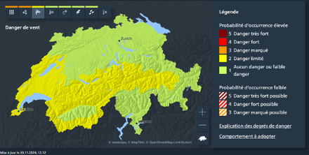Figure 5 : carte des avis de neige valide entre jeudi 15h et vendredi 6h, état du 20 novembre 2024 à 12h.