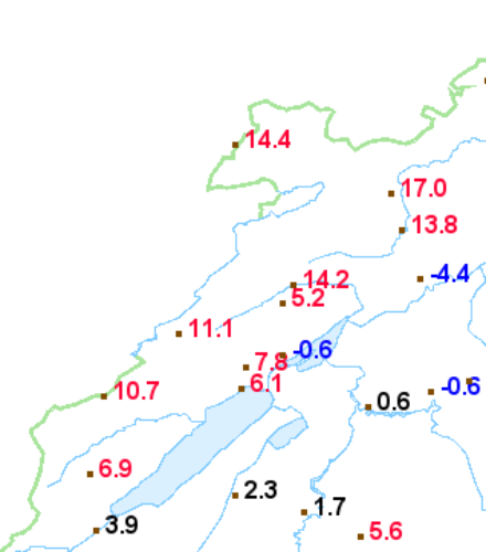 Figure 3. Température (en °C) le lundi 25 novembre 2024 à 8h00. Il fait -4,4 °C à Grenchen, -0,6 °C à Cressier et à Berne, contre déjà 13,8 °C à Moutier et 17 °C à Delémont. 