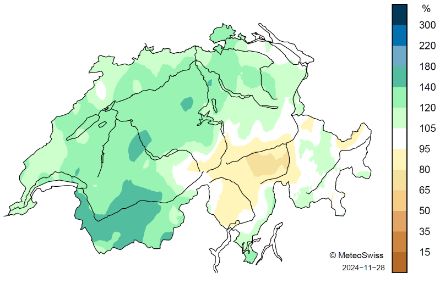 Carte de la Suisse sur la répartition des précipitations en automne.