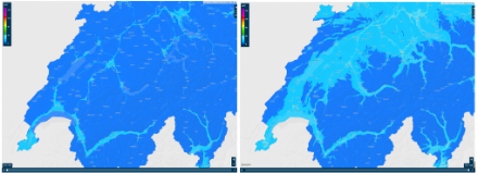 Carte représentant les concentrations de NOx en Suisse le 4 novembre (à gauche) et le 7 novembre (à droite). Les valeurs bleues et vertes sont en dessous des valeurs limites préconisées par l’ordonnance sur la protection de l’air (en l’occurrence 80 microgrammes par mètre cube en moyenne journalière). Source : Office Fédéral de l’Environnement