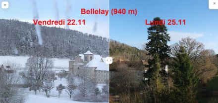 Image comparative entre vendredi 22 novembre à 10h30 et lundi 25 novembre à la même heure. Webcam de Bellelay. 