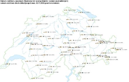 Carte des quantités de neige fraîche journalière record pour un mois de novembre depuis le début de mesure jusqu’au 21 novembre 2024.