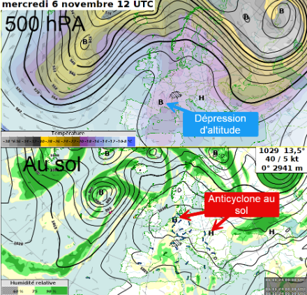 Carte à 500 hPa (5500m d'altitude) et carte au sol.