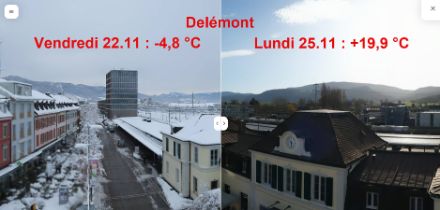 Image comparative entre vendredi 22 novembre à 10h30 et lundi 25 novembre à la même heure. Webcam de Delémont. 