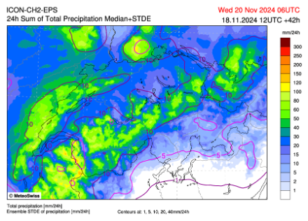 Médiane des précipitations totales (pluie et neige, en couleurs) et dispersion (isolignes donnant l’écart-type) prévues de mardi 06UTC à mercredi 06UTC par le run ICON-2E du 18.11.2024 à 12UTC.