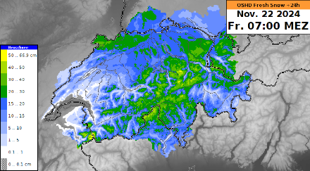 Prévision de neige fraîche jusqu'à vendredi matin 7h du modèle OSHD. Pour les Alpes centrales et orientales et le versant sud des Alpes, les quantités de neige fraîche prévues ici sont probablement surestimées.