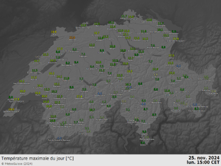 Températures maximales du lundi 25 novembre en Suisse (état à 15h00). 