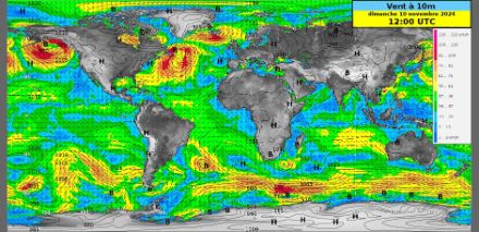 Prévision du vent et de la pression au niveau de la mer du modèle IFS pour le dimanche 10 novembre à 12h UTC au-dessus des océans. La force des rafales est représentée en couleur. On y voit les puissants courants d'ouest qui règnent tout autour du globe entre le 45° et le 65° de latitude sud. 