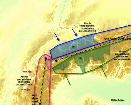 Régions de barrage par vent d'ouest, du sud et du nord.