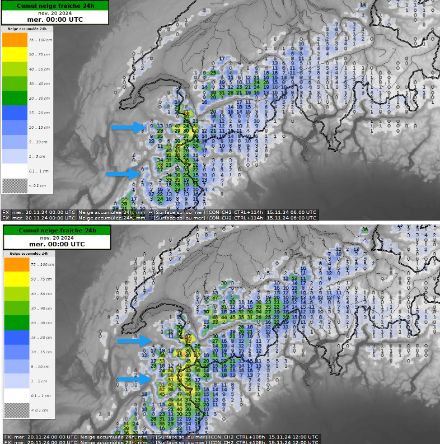 Cumuls de neige fraîche en 24 heures liés au passage du premier front froid prévus par le modèle IFS déterministe.