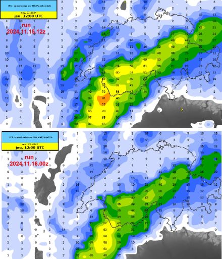 Cumuls de neige fraîche possibles en 48 heures entre le mardi 19.11 12h et  le jeudi 21.1 12h  prévus par le modèle IFS, simulations du 16.11 00h en bas et du 15.11.12h en haut.