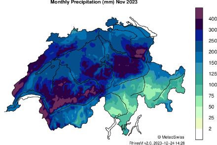 Précipitations totales du mois de novembre 2023 en Suisse 
