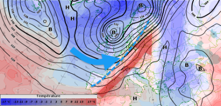 Prévision du modèle ECMWF pour le lundi 25 novembre à 12 UTC. A l'avant de la perturbation (traits bleus), un fort courant du sud-ouest (en rouge) entraîne de l'air très doux de la Méditerranée à la Suisse. A l'arrière de la perturbation, de l'air océanique plus frais (ou moins doux), s'écoulera vers nos régions.