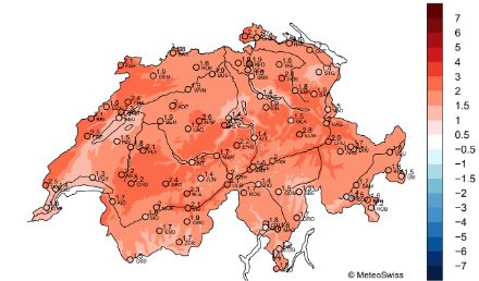 Figure 3. Ecart à la norme 1991-2020 de la température moyenne en octobre 2024. 