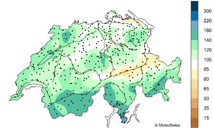 Figure 5. Répartition spatiale des sommes de précipitations en octobre 2024, représentée en % de la norme 1991-2020
