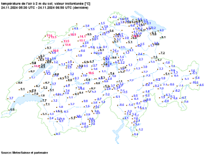 Températures relevées ce dimanche matin vers 7h50 locales. Une grande douceur concerne déjà une bonne partie de l'arc jurassien. La douceur est aussi présente, mais dans une moindre mesure, sur l'ouest du Plateau et certaines vallées à foehn. 