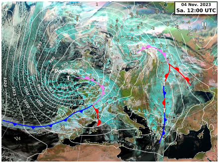 Analyse synoptique du 4 novembre 2023. La tempête Domingos balaie l'ouest de l'Europe. 