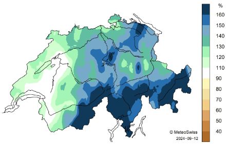 Carte de la Suisse sur la répartition des précipitations au printemps 2024.