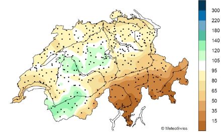 Figure 6. Répartition spatiale des sommes de précipitations en novembre 2024, représentée en % de la norme 1991-2020.