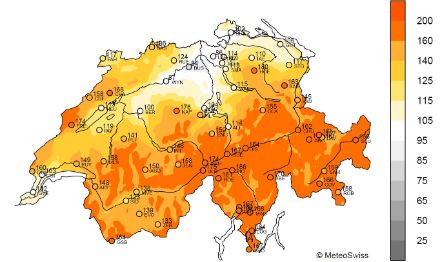 Figure 7. Répartition spatiale de l’ensoleillement en novembre 2024, représentée en % de la norme 1991-2020. 