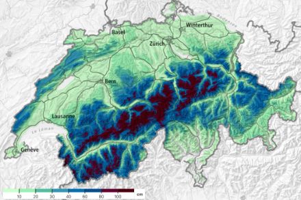 Figure 3 : Cumul de neige fraîche entre samedi 21 décembre à 7 h et mardi 24 décembre à 7h. Source : SLF, whiterisk.ch/fr/conditions/snow-maps/new_snow