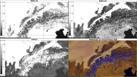 Réflectivité de la surface terrestre et des nuages dans les canaux de Meteosat-12 VIS 0.6 dans le spectre visible (en bas à gauche) et dans le proche infrarouge NIR 1.6 (en haut à gauche) et NIR 2.2 (en haut à droite) du 29 décembre 2024, à 10 h 00 UTC. Les surfaces hautement réfléchissantes telles que la neige, la glace et les nuages d'eau liquide apparaissent en blanc, tandis que les zones moins réfléchissantes de la surface terrestre telles que les lacs ou la mer sont sombres ou noires.