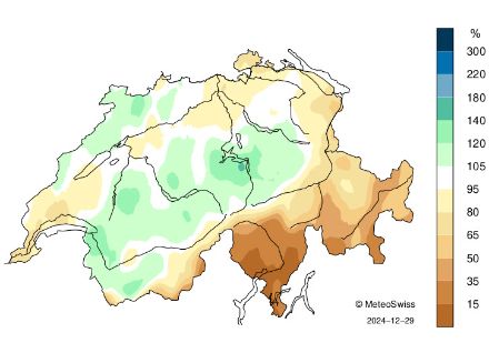 Carte de la Suisse sur la répartition des précipitations en décembre 2024.