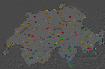 Figure 1. Rafales de vent maximales (en km/h) mesurées le 22 décembre jusque vers la mi-journée.