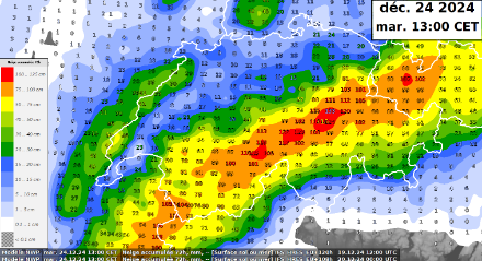 Cumul de neige fraîche total (cm) probable entre dimanche 00h et mercredi 00h 