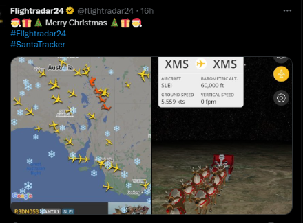 Sur Flightradar24, on retouve le passage du Père Noël en Australie