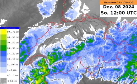Quantité de neige fraîche prévue par le modèle météorologique ICON-CH2 de samedi 12h à dimanche 12h.