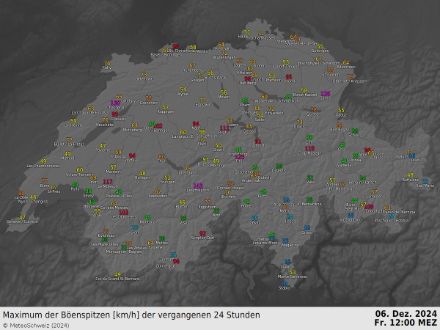 Rafales maximales (km/h) en 24 h, jusqu'à vendredi 6 décembre, midi.