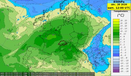 Carte de température de l’air à 850 hPa (~1500 m, en °C) le samedi 28 décembre 2024 à 12 h UTC. Modèle IFS.