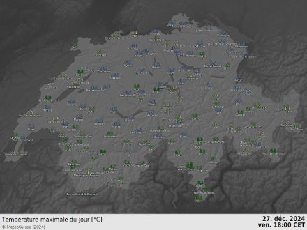 Carte des températures maximales (en °C) du vendredi 27 décembre 2024.