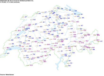Carte des températures minimales (en °C) mesurées entre le 1er octobre et le 27 décembre 2024.