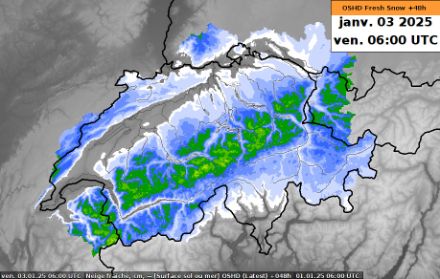 Carte des cumuls de neige fraîche (en cm) prévus jusqu’à vendredi matin 3 janvier 2025 par le modèle OSHD (basé sur le modèle ICON-CH2).