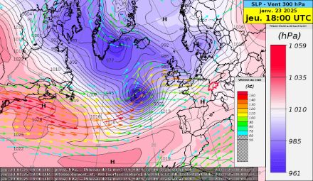 Carte de la pression réduite au niveau de la mer et du vent à 300 hPa (vers 9000 m) prévus pour le jeudi 23 janvier 2025. Modèle IFS.