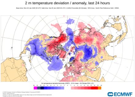 Carte de l'anomalie de température à 2 m prévue pour le vendredi 24 janvier 2025. Modèle IFS.