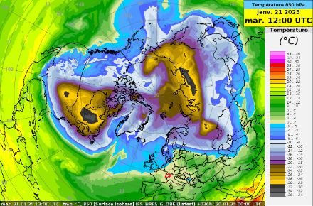 Carte de la température prévue à 850 hPa (vers 1500 m) pour le mardi 21 janvier 2025.