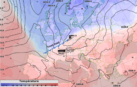 Figure 1 : jeudi à 12 UTC, température à 850 hPa (vers 1500 m d’altitude) et pression réduite au niveau de la mer (contours noirs, labels en hectopascal). Le centre de la dépression sur l’ouest de l’Allemagne avec une pression de 995 hPa est marqué d’un « B ». Source : modèle IFS du ECMWF, run du 08 janvier 2025 à 06 UTC.