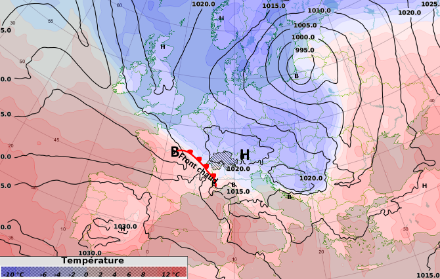 Figure 3 : comme la Figure 1, mais pour vendredi à 12 UTC. La dépression qui pilotera un front chaud sur la Suisse est marquée d’un « B » sur l’ouest de la France.