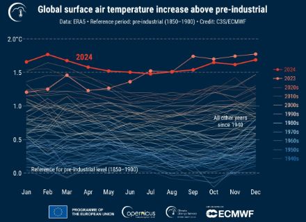 Graphique linéaire de l'évolution mensuelle des températures par année depuis 1940. Une ligne par année. 